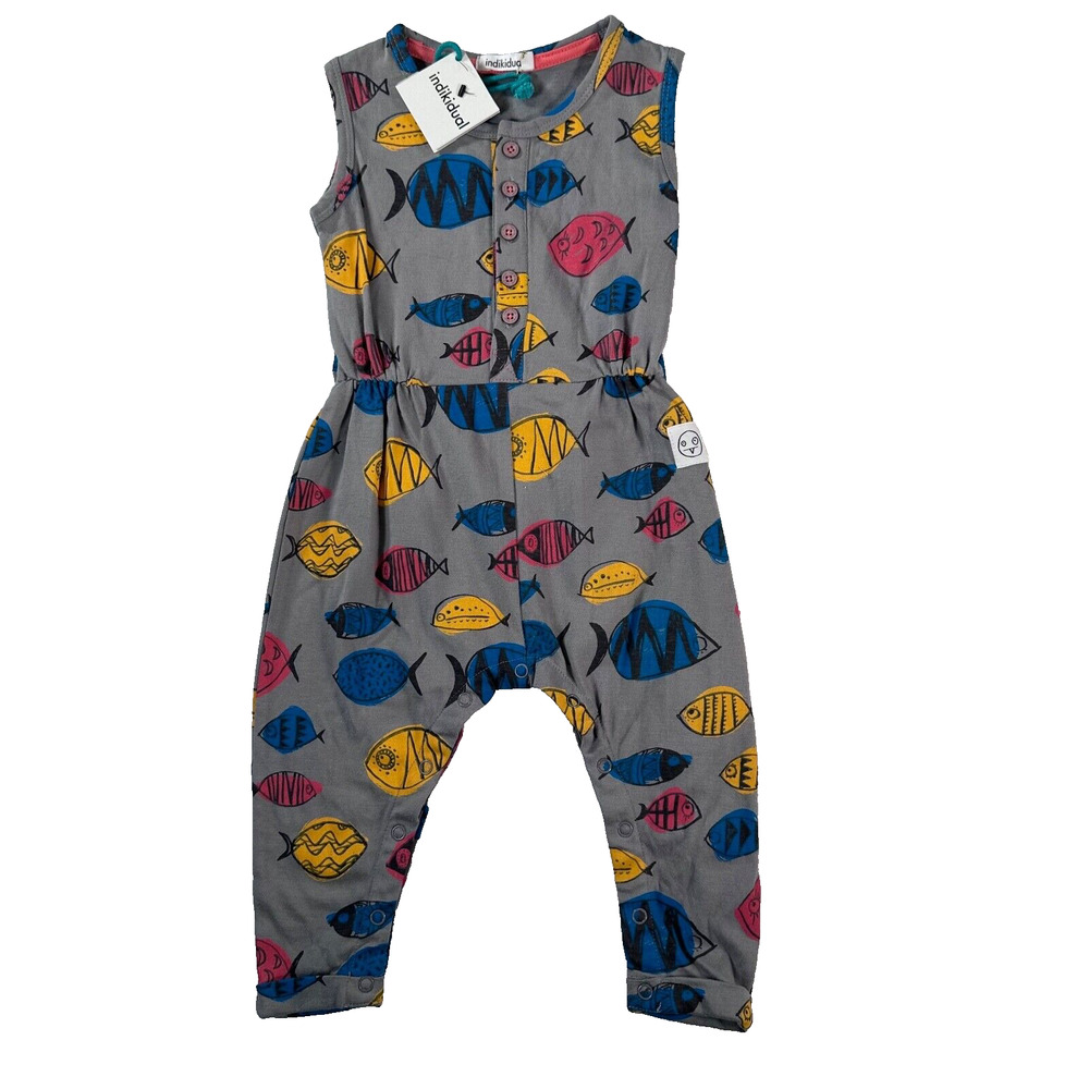 Indikidual Jumpsuit Baby 0/6 Months Gray Fish Shark Sleeveless Romper New